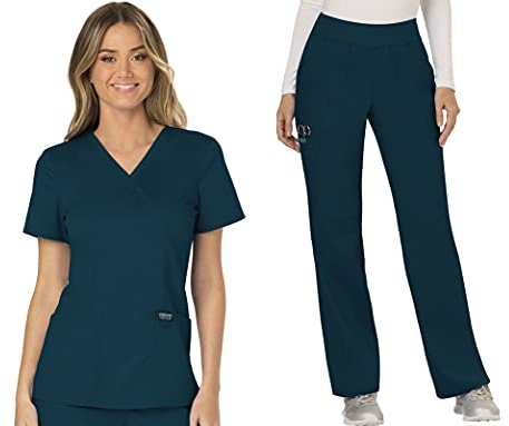 Cherokee Scrub Set For Women, Modern Classic Fit Mock Wrap Top WW610 With Mid Rise, Straight Leg Pant WW110, Caribbean Blue- M Top/S Petite Pant