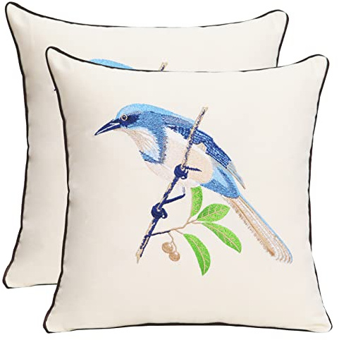 Pilmandu Set of 2 Embroidered Decorative Throw Pillow Covers 45x45cm Couch Square Pillowcases Cushion for Bedroom Sofa Farmhouse Decor (Blue Bird)