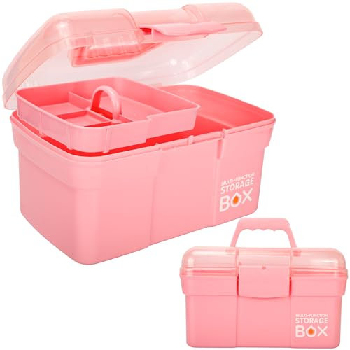 Creahaus 11in Multipurpose Storage Box with Removable Tray, Plastic Small Storage Box with Handle, Portable Art Craft Organizer Case for Sewing, Makeup, Medicine, Nail, Hair Accessories (Pink)