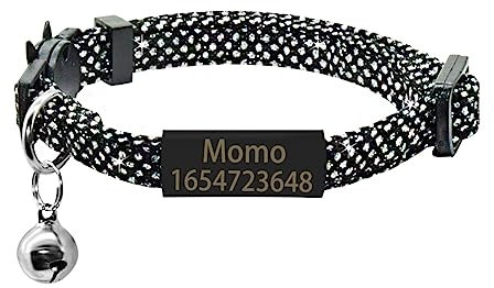 SARUEL Personalisiertes Namensschild Katzenhalsband Glocke Benutzerdefinierte ID-Namensschild Katzenhalsband Sicherheit Süße Katzenhalsbandkette,Schwarz Schwarz,S (20cm-28cm)