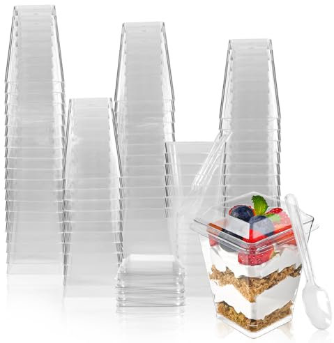 LIUCONGBD 50 Stück Dessertgläser Plastik mit 50 Stück Deckel & Löffeln, Quadratischer Desserttassen Set, Dessertschalen Wiederverwendbar Becher für Mousse, Pudding, Eiscreme, Party Picknick(5OZ/150ML)
