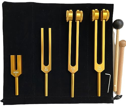Diapason,Diapason 128hz Thérapeutique,Jeu de 4 diapasons (128 Hz, 136.1 Hz, MI 528 Hz, 4096 Hz) idéal pour la thérapie, pour la thérapie des chakras,la ThéRapie par le Son, le Soulagement Stress(Or)