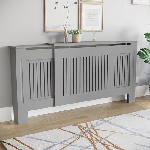 Vida Designs Chelsea - Copertura per termosifone, regolabile, con doghe in legno MDF verniciato grigio, altezza 82 cm, larghezza 140-204 cm, profondità 20,5 cm