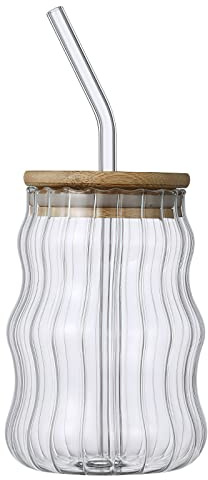 Marooma Vintage Ripple Glass Cup, Drinking Glasses with Lids and Straws, 17 Oz Textured Clear Striped Ribbed Glassware for Iced Coffee, Juice, Beer, and Cocktails, Housewarming Gift(#1)