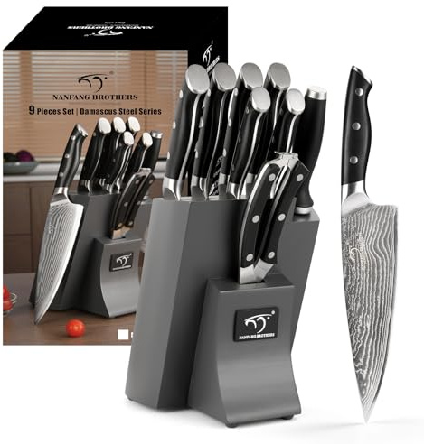 NANFANG BROTHERS Set de Couteaux Damas avec Bloc en Bois Set de Couteaux de Chef Style Japonais Gris