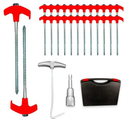 Ferropro 24x schraubbare Zeltheringe aus robustem Stahl–Mit Gewinde, Bit-Aufsatz & Auszieher–Tragebox für Camping, Zelte & Outdoor-Perfekter Halt auf hartem & weichem Boden, zum spannen und absichern
