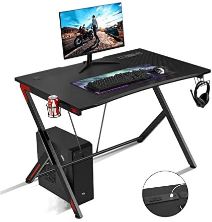 Tavolo da Ufficio Scrivania da gioco for PC portatile da 45 pollici con piedini regolabili a forma di K, postazione di lavoro ergonomica for giocatori con portabicchieri e gancio for cuffie Scrivania