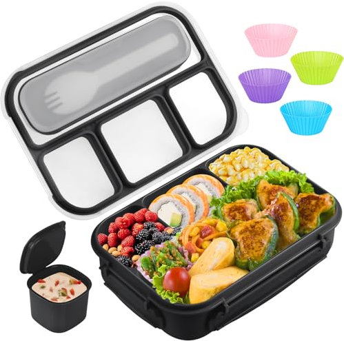 Yumuk Bento Box Adult Lunch Containers, 5 Cup Box with 4 Compartments &Spork &Sauce Box, Leak-Proof, Microwave/Dishwasher Safe(Black)