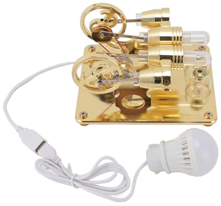 4-Zylinder-Heißluft-Stirlingmotor, Miniatur-Heißluft-Stromgenerator, Physiklabor, Lehrmodell, Werkzeug, Sportunterricht, Experimentelles Spielzeug für und Erwachsene (Gold)