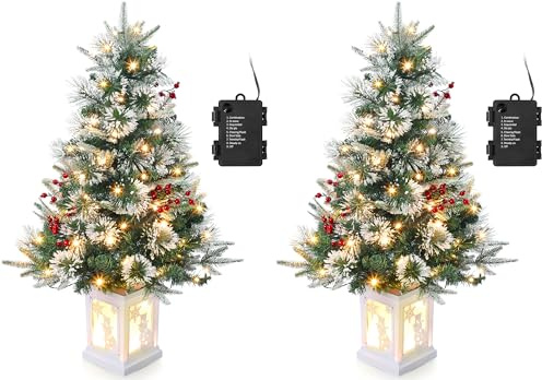 2PCS 90cm Weihnachtsbaum künstlich mit 78 Beleuchtung,Batteriebetrieben Pre-lit Premium Snow Flocked Künstlicher Weihnachtsbaum mit roten Beeren Weihnachten deko für Zuhause, Büro, Weiße Basis
