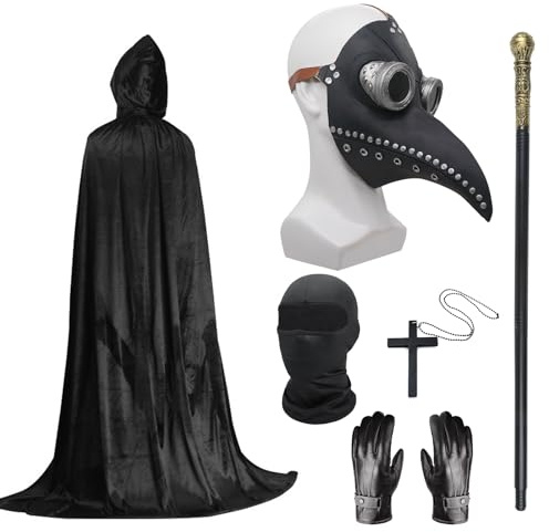 Set costume da medico della peste, maschera per Halloween, maschera con becco lungo dal naso nero, con mantello nero con cappuccio, collana a croce, guanti e maschera integrale per feste di Halloween,