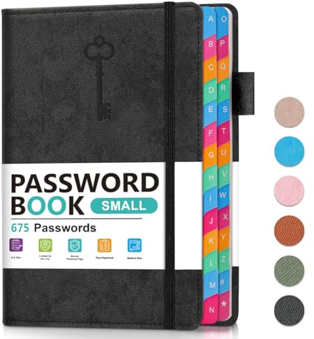 hi!SCI Small Password Keeper Book with Colorful Alphabetical Tabs, Hardcover Password Log-book for Internet Password and Website Address, 4.1×6.2 Password Notebook for Home Office (Black)