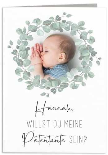 Patentante fragen Willst du meine Patentante sein Karte personalisiert mit Foto Taufpatin fragen Taufpaten Geschenk Klappkarte mit Umschlag 10,5 x 14,8 cm (Eukalyptus)