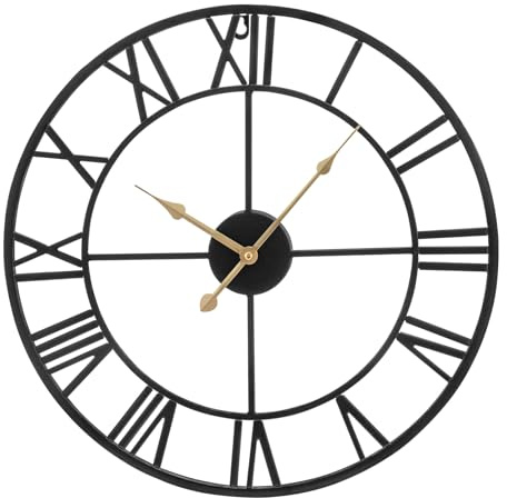 Youyijia Runde Wanduhr im Vintage-Stil mit Römischen Ziffern - Schwarzer Metallrahmen für Inneneinrichtung, Wohnzimmer, Küche (35cm)