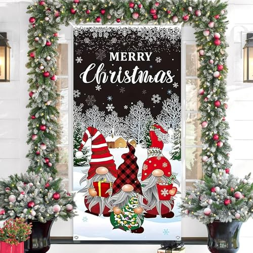Weihnachtsdeko Tür, Türdeko Weihnachten mit Weihnachtgnome, Türabdeckung Weihnachten Outdoor, Merry Christmas Banner, 78 x 35 Zoll, Weihnachtsbanner für Indoor Outdoor W (Rot-Weihnachtgnome)