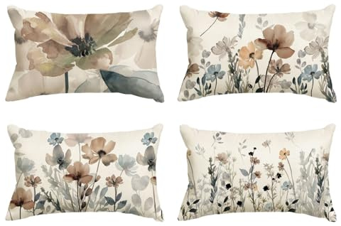 Artoid Mode Set di 4 fodere per cuscino con fiori selvatici e foglie geometriche primaverili, 30x50 cm, fodere per cuscino decorative stagionali per divano e soggiorno