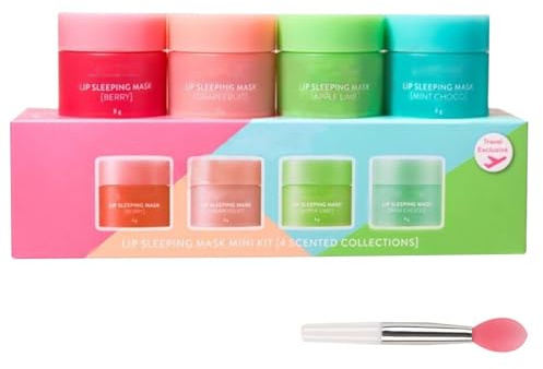 MUNSKT Lip Sleeping Mask, 4 PCS Lip Balm Set Mini Day and Night Repair Lip Balm for Chapped Cracked Dry Lips Nourishing & Hydrating Lip Mask for Women Men (Berry Apple Grape Choco)