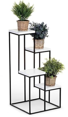 HowHomely 4 Etagen Blumentreppe - Metall Pflanzentreppe 70 cm Hoch - Blumenregal mit MDF-Platten in Weiß für 4 Blumen - Blumenständer für die Innendekoration