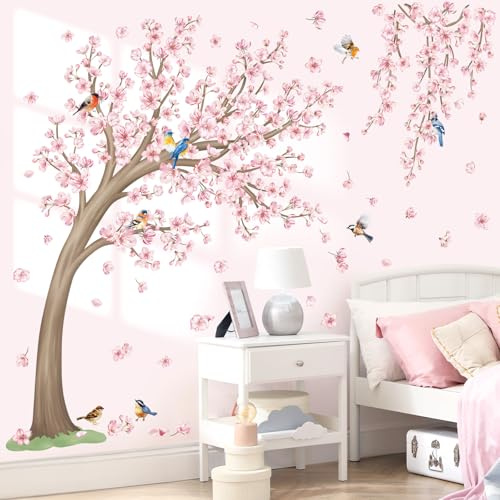 wondever Wandtattoo Groß Kirschbaum Baum Wandaufkleber Hängende Kirschblüte Blumen Rosa Wandsticker Wanddeko für Wohnzimmer Schlafzimmer Sofa Hintergrund
