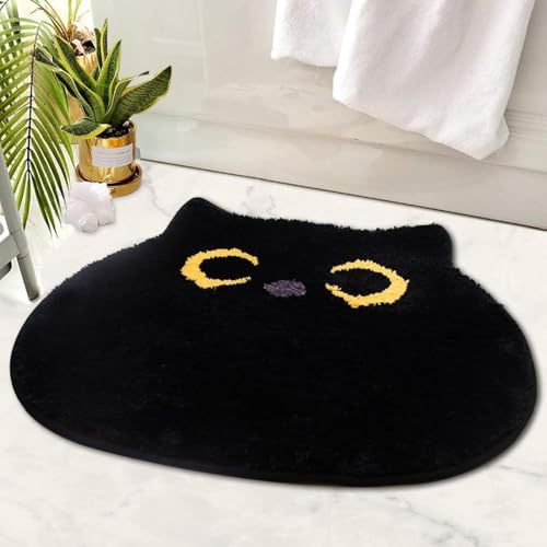 Yamepuia Schwarze Katze Badematte,Badteppich rutschfest Waschbar | Absorbent Katze Teppich Badezimmer für Badezimmer,Badewanne,Eingang,TüRmatte 50x55cm