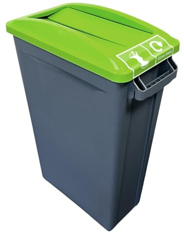Chabrias Ltd 87L Slim Recycling Bin with Swing Lime Lid + Food Waste Logo - Commercial Narrow 87 Litre Waste Container for Office, School, Kitchen & Workplace - Vented Liner System, Heavy Duty Plastic