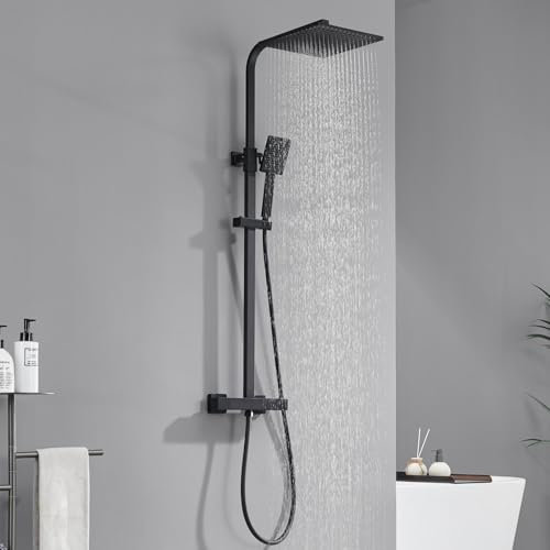Auralum Columna Ducha Negra con Grifo Ducha Termostatico de Latón y Rociador Ducha Cuadrado 254x254mm, Alcachofa de Ducha 85x85mm, Columna Altura Adjustable entre 818-1248mm