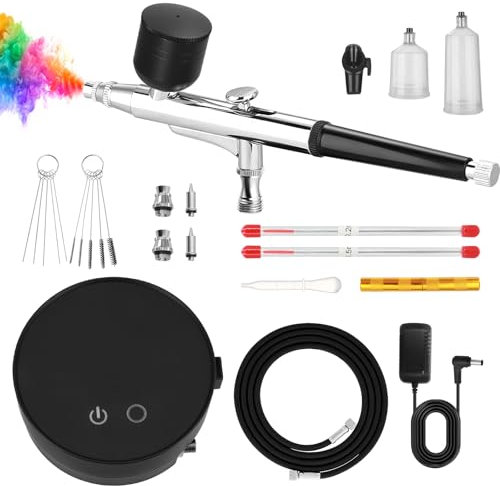 Ykall Airbrush Set mit Kompressor, 3 Druckstufen (28/35/46 PSI), Airbrush Pistole mit 3 Düsen (0,2/0,3/0,5 mm), Perfekt für Modellbau, Nailart, Make-up, Tortendeko & kreative DIY-Projekte
