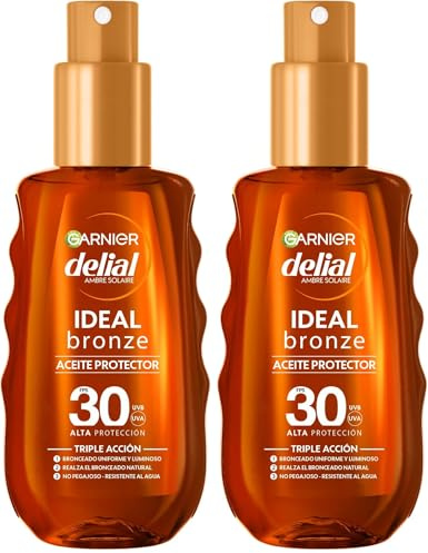 GARNIER DELIAL Aceite Solar Bronceador Alta Protección FPS30 Para Un Bronceado Optimo, Acabado Satinado, Resistente Al Agua, No Pegajoso 150 ml (Paquete de 2)