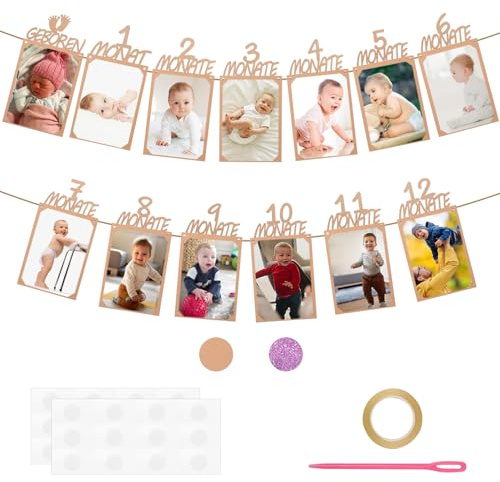 Coolon 1.Geburtstag Fotogirlande, Geburtstagsdeko 1 Jahr Girlande für 1 bis 12 Monate Baby Hängende Wanddekoration für Mädchen Jungen Party Deko(Braun)