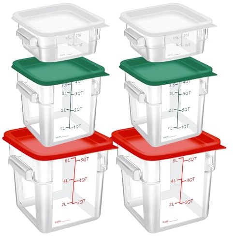 TESIN 6 Pcs Food Storage Container with Lids Set 2 Qt 4 Qt 6 Qt Square Clear Commercial Containers with Scales Handles for Home Restaurant Kitchen Food Storage Proof Dough Marinating Meat