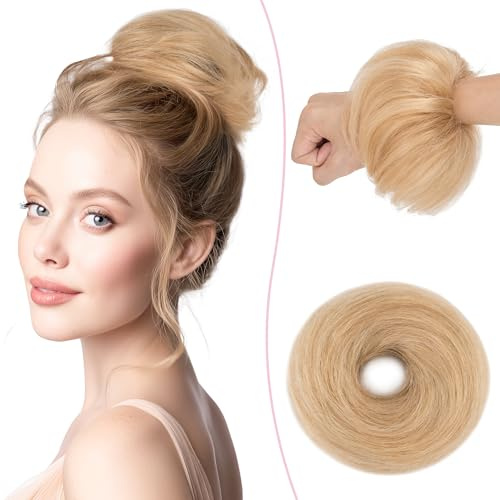 SEGO Pro 25g Echthaar Haarteil Glattes Haargummi Gelockt Unordentlich Dutt Extensions, 18P613#Ash Blond & Blond gebleicht