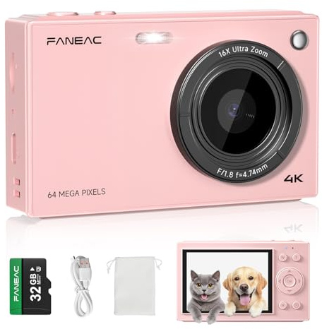 FANEAC S1 Appareil photo numérique 4K pour photographie – Caméra de vlogging 64 MP Écran IPS 3 pouces, zoom 16x, autofocus, macro, lumière de remplissage, filtres, point et prise de vue pour débutants