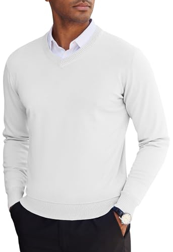 COOFANDY Jersey Hombre de Invierno Suéter de Punto con Cuello en V Pullover de Manga Larga Sueter Informal Casual Jersey Trabajo Ligero Blanco L
