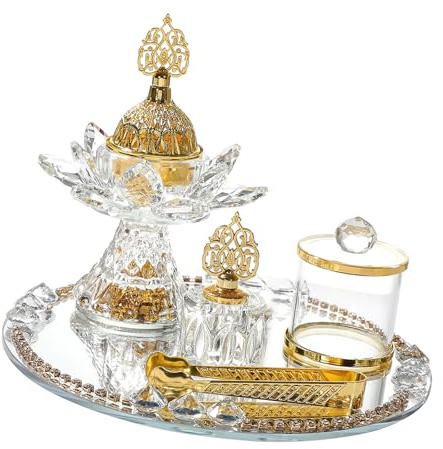 Kit de quemadores de incienso de cristal dorado, diseño en forma de flor con tarro de almacenamiento, juego de charola y accesorios para el hogar cultural árabe