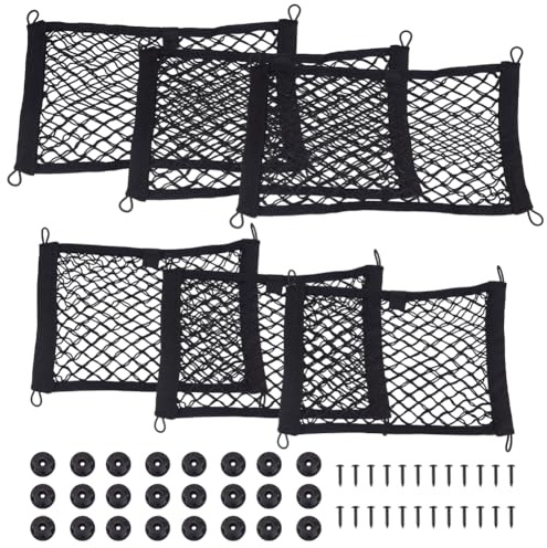 DELORIGIN 6 Stück Dehnbares Autonetz in 2 Größen (25×35cm & 45cm), Elastisches Frachtnetz & Aufbewahrungsnetz mit Selbstklebe- und Schraubbefestigung Ladungsnetz für Kofferraum SUV LKW Wohnmobil Boote