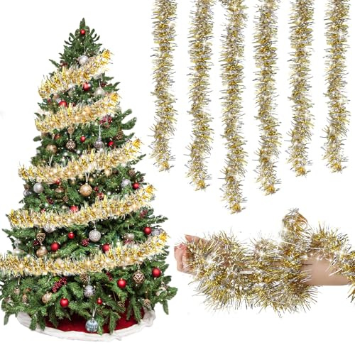 Shyllin Guirlande de Guirlandes de Noël, Lot de 6 Guirlandes Tinsel Brillante de 2 m, Décorations Brillantes, Adaptée Aux Décorations de Noël, de Mariage et de Centre Commercial (Or et Argent)