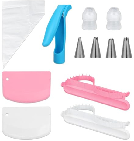 14st Tårtdekoration Erktyg Set, 2 Linjaler för Fondant 2 Degskrapor och 10 Tillbehör till Tårtdekorationer Inklusive Spritspenna med Påsar och Spetsar Koppling för Dekorationsspetsar