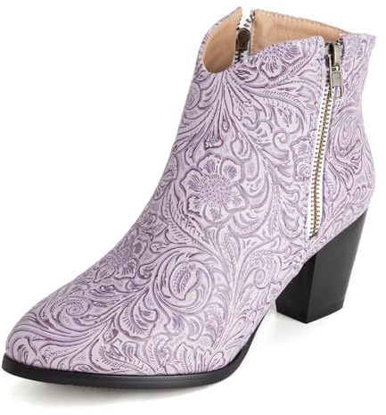 Diuniarza Women Classic Western Boots Ankle Bootie Print Pull On Short Boots Outdoor Winter Block Heel Retro Chukka Boots Purple Size 3 UK/36