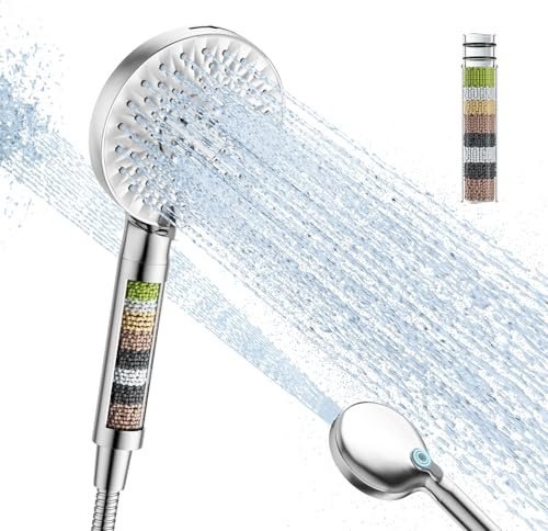Pommeau de Douche Haute Pression avec Filtre à 15 Étapes, Douchette Douche Salle de Bain avec 9 Modes de Jet, Pommeau de Douche Filtrant Anti-Calcaire et Chlore, Économie d'Eau
