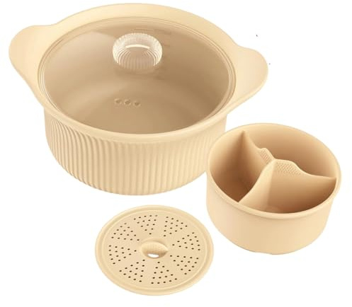 Hipzeepo Vaporera de Silicona para Microondas de 42 Oz, 3 Compartimentos, Grande, con Asa y Tapa, para Verduras y Comida para Bebés, Color Beige.