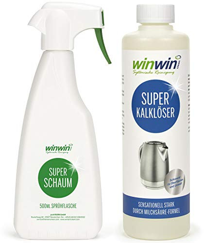 winwinCLEAN® Super Kalklöser inkl. Superschaumflasche I Kalkentferner Extra Stark [500 ml] – Entkalker, Kalkreiniger für Küche, Bad, Dusche, Küchengeräte – Antikalk Milchsäure-Formel