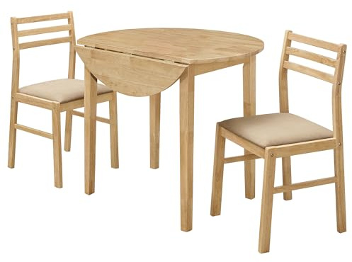 Coaster Home Furnishings 3-Piece Round Wood Dining Room Set Drop Leaf Extension Table Ladder Back Side Chairs Upholstered Seat Cushions Beige and Natural 130006