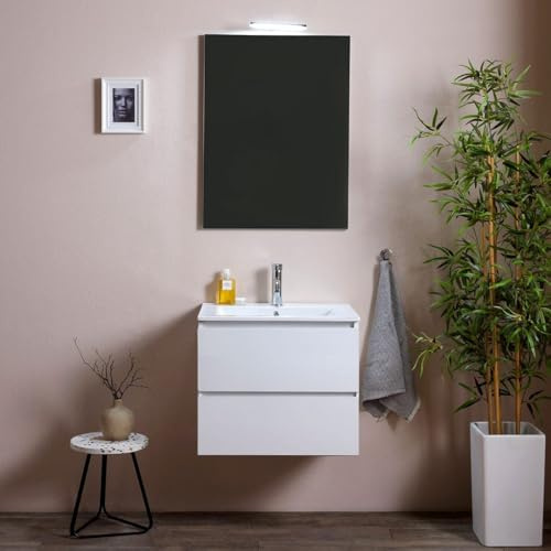Kiamami Valentina Mobile Bagno Sospeso 60 Cm Berlin Bianco Effetto Legno | Con lavabo in ceramica, specchio 60x80 cm, 2 cassetti, luce LED, base 60x46x50 cm, salvaspazio moderno