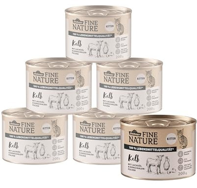 Dehner Fine Nature Katzenfutter Kitten, Nassfutter getreidefrei, für junge Katzen, Kalb, 6 x 200 g Dose (1.2 kg)