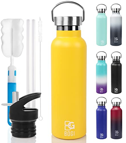 BOGI 600ml doppia parete in acciaio inox coibentato bottiglia di acqua isolante della borraccia con -perfetto Thermos per la Corsa, fitness, Yoga, all' aperto e Camping, Auto o in movimento (Yellow)