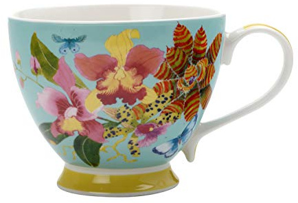 Maxwell & Williams Exotica - Tazza da tè in porcellana, con stampa verde Frangipani, in confezione regalo, colore: Verde/Rosso, Porcellana, Blu frutteto, 400 ml