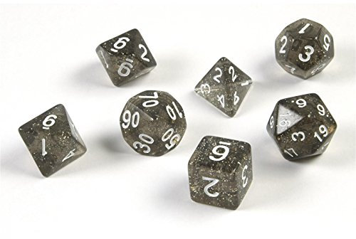 shibby 7 polyedrische Glitzer-Würfel für Rollen- und Tabletopspiele in Glitzer Schwarz mit Beutel
