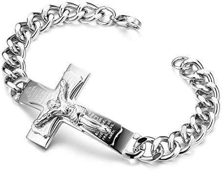 Flongo Herrenarmband Männer Kette Armkette, Edelstahl Rosenkranz Armband Armreif Armkette Panzerkette Englisch Bibel Kreuz Kruzifix Jesus Silber Gold Golden Biker Herren-Accessoires