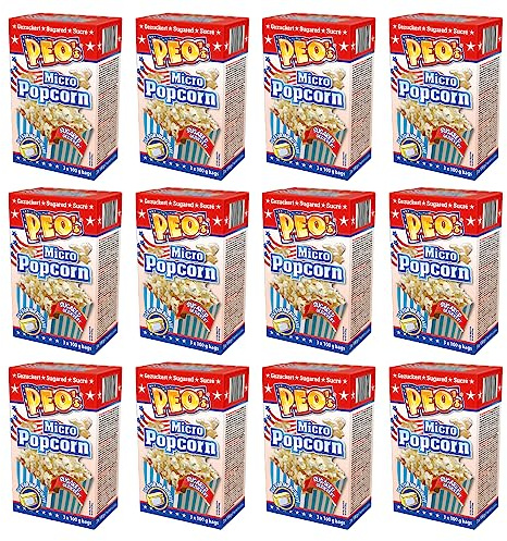 Peo's Micro Popcorn, Gezuckertes Mikrowellenpopcorn im 36er Vorteilspack, 12 Schachteln mit 3 x 100 g Inhalt, Popcorn Mais süß für die Mikrowelle, Filmsnack, Kinoabend