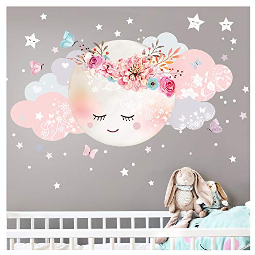 Little Deco Wandsticker Kinderzimmer Mädchen Mond & Wolken I XL - 127 x 63 cm (BxH) I Wandtattoo Babyzimmer selbstklebend Wandaufkleber Sterne Blumen Kinder DL243